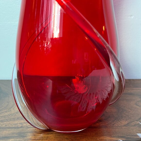 Murano Hand Blown Vase Ruby Red with Clear Swirls 9" Tall - Picture 8 of 16